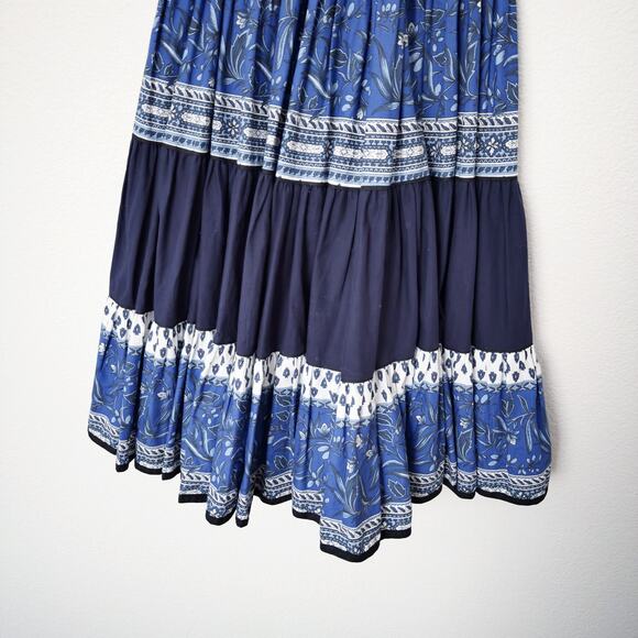 [Vintage] Atelier Provencal Blue Floral Striped Tiered Full Maxi Skirt Sz Medium - Picture 5 of 10